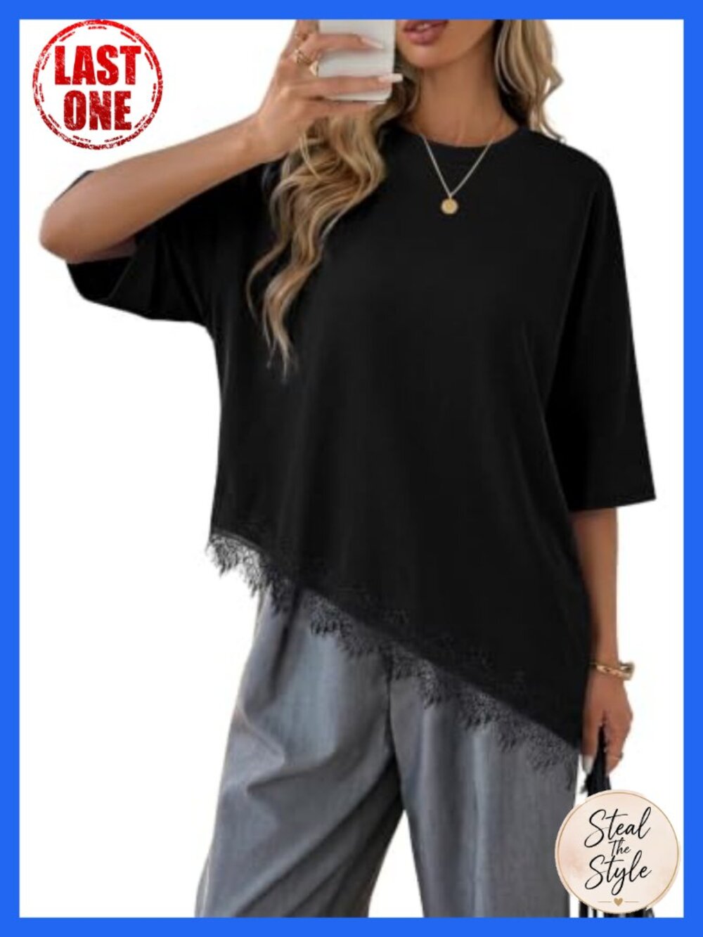 Womens 3/4 Sleeve Lace Sheer Neck Asymmetrical Hem Blouse Summer Tunic Top